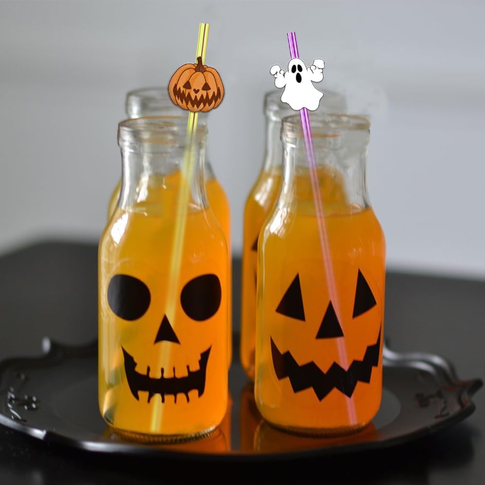 24 Pcs Halloween Party Favors - Reusable Plastic Crazy Straws with Bats, Pumpkin, Witch, Ghost Designs & 2 Cleaning Brushes - 6 Colors