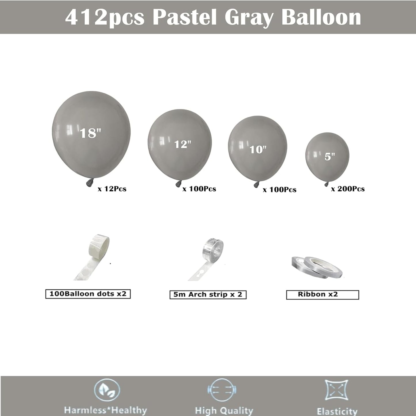 412pcs Pastel Gray Balloon Garland Arch Kit 18 12 10 5 Inch Different Sizes Light Grey Latex Balloons for Baby Shower Birthday Happy Wedding Party Decoration