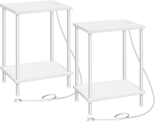 HOOBRO Side Table with Charging Station, Nightstand with 2-Layer Storage Shelves by HOOBRO