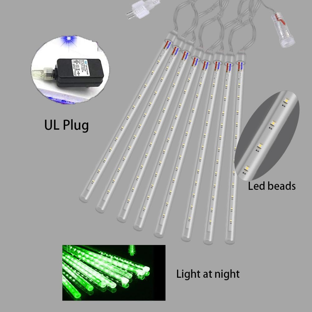 Halloween Lights Outdoor, Meteor Shower Christmas Lights for Halloween Decorations, 8 Tube 192 LED Snow Falling Rain Icicle String Light for Xmas Christmas Decor Tree Party, UL Plug Green