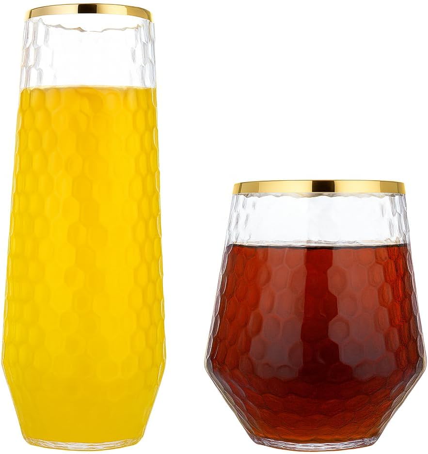 48 Pack Ribbed Origami Ripple Plastic Glasses 24 9oz Stemless Champagne Flutes & 24 12oz Cups BPA-Free, Disposable, Shatterproof Drinkware for Weddings, Bars, Events (Hammered Diamond Gold Rim)