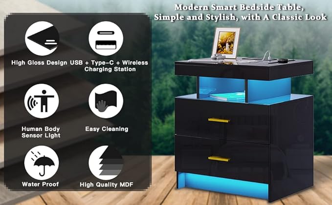 HNEBC Auto LED Nightstands Set of 2, Modern Bedside Table - Image 10
