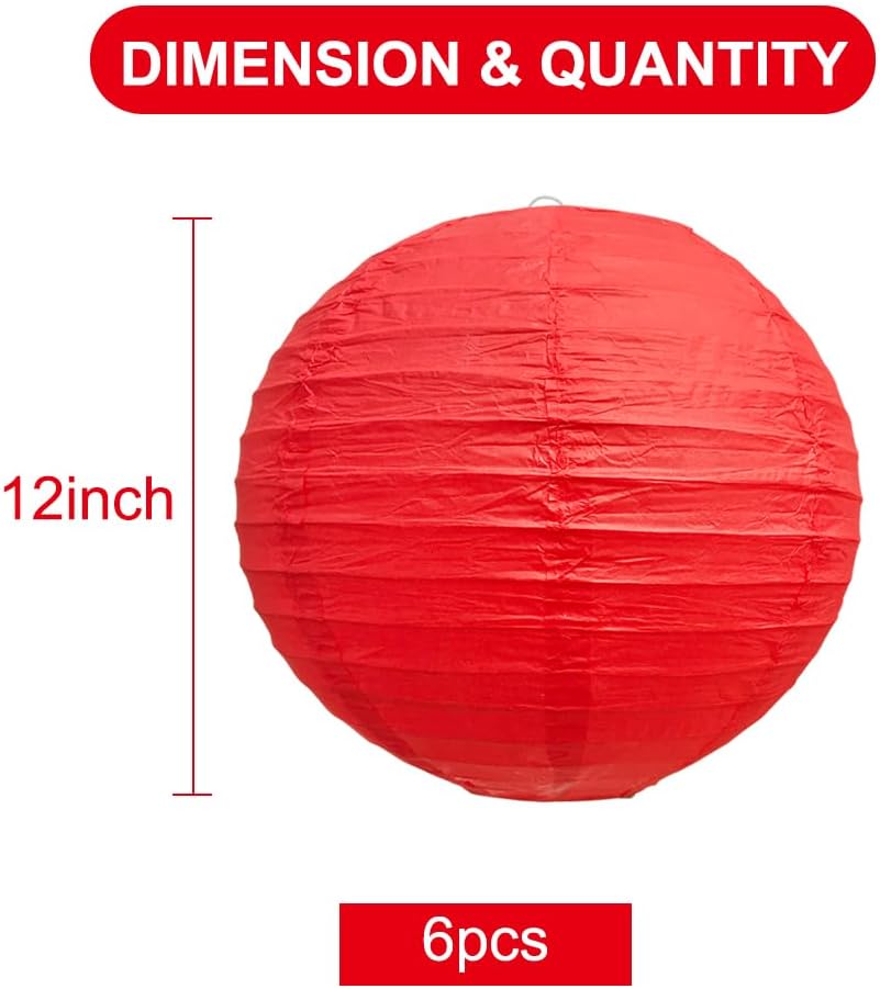 BEISHIDA 12-Inch Red Round Paper Lanterns Decorative Hanging Asia Chinese Japanese Paper Lanterns Lamp for Birthday Wedding Baby Bridal Shower Christmas Home Decor Party Decoration（6 Packs）