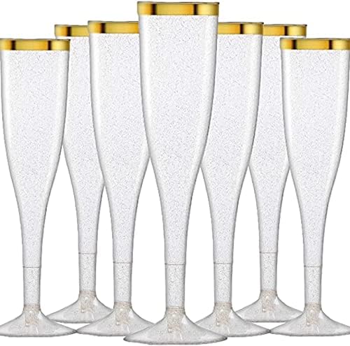 Oojami 90 Plastic 6.5 oz Disposable Champagne Flutes Ideal for Toasting Wedding Birthday Baby Showers Mimosa Cocktails Parties, 6.5 Ounces (Gold Glitter With Gold Rim)