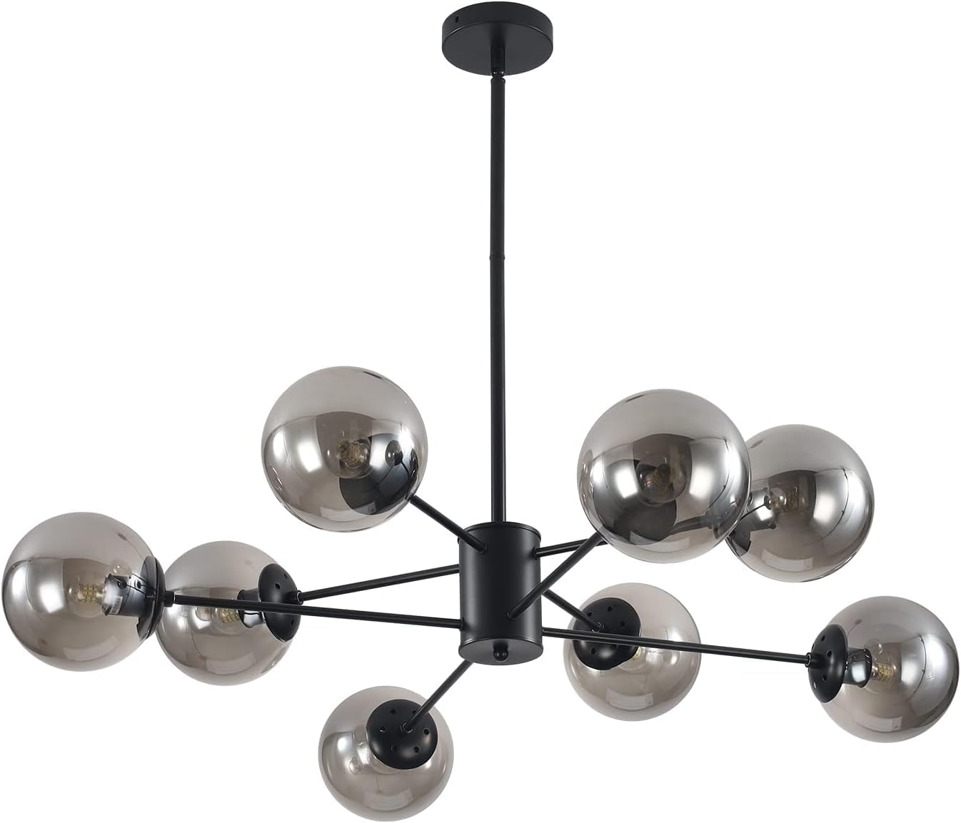 KCO Lighting Modern Glass Globe Sputnik Chandelier 8-Light Mid Century Black Sputnik Chandelier Pendant Light Fixture Farmhouse Industrial Chandelier Light Fixture (Black+Smoke Grey)