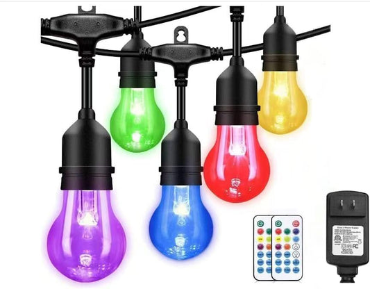 96FT Solar Outdoor String Lights, 30 Shatterproof Edison Bulbs, Dimmable Color Changing RGB LED Patio Lights with 2 Remote Controllers. Perfect for Backyard Decorative Lighting