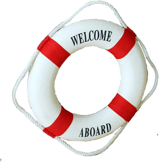 MorroMorn Lifebuoy Wall Hanging Decor - Welcome Aboard Mediterranean Style Home Decoration (Red, 18")