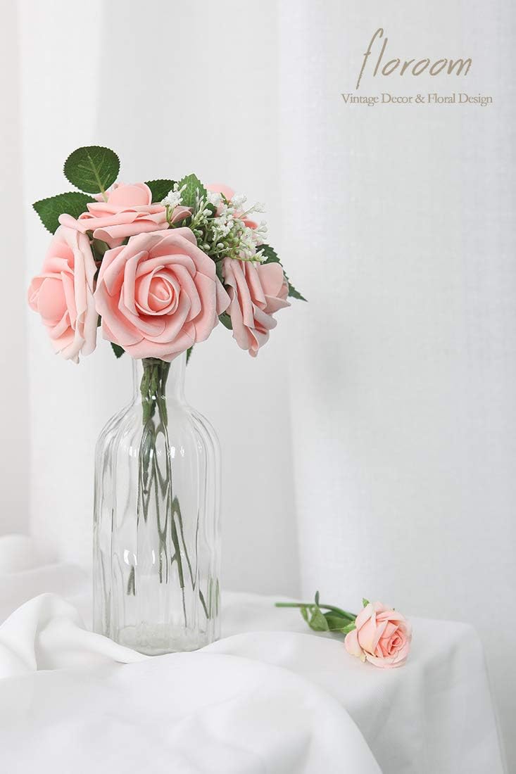 Floroom Artificial Flowers 50pcs Real Looking Peach Pink Foam Fake Roses with Stems for DIY Wedding Bouquets Bridal Shower Centerpieces Floral Arrangements Party Tables Home Decorations