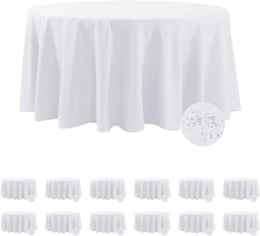 Fokitut 12 Pack Waterproof Round Tablecloth, 120 Inch, Stain Resistant and Wrinkle Polyester Table Cloth, Fabric Table Cover for Kitchen Dining, Wedding, Party, Holiday Dinner-White