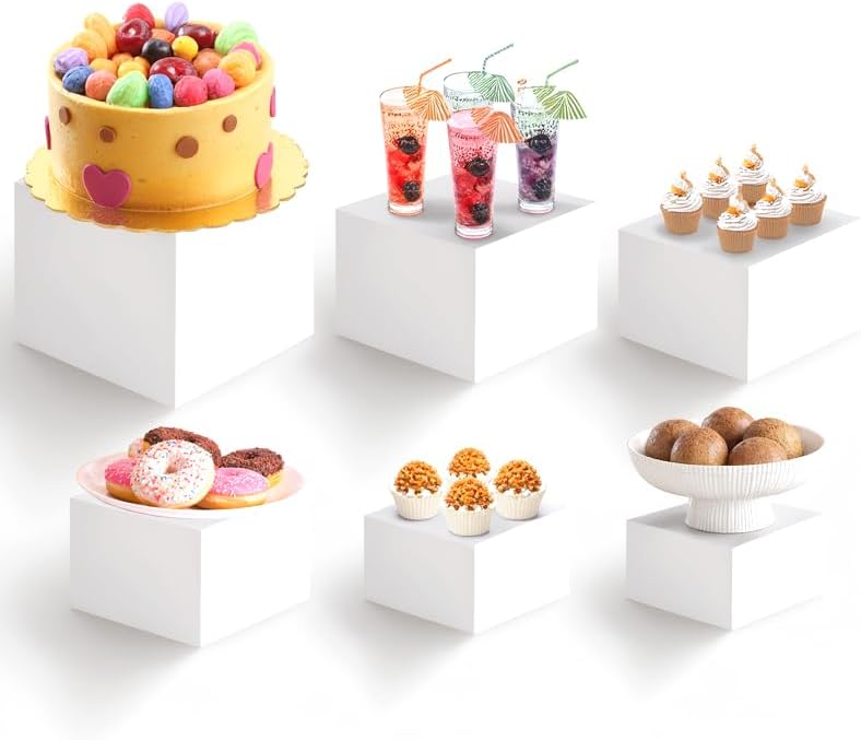 Buffet Risers，Food Risers for Buffet Table，Display Stand Shelf for Party Catering Desset，Acrylic Cube Display Nesting Risers with Hollow Bottoms（6PCS White）