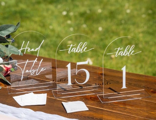 Clear Arch Acrylic Table Numbers for Wedding Reception - 5" x 7" White Font Centerpiece Set with Holder Stands & Head Table Sign - Anniversary, Event, Party, Wedding set 1-15