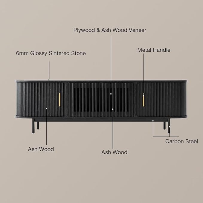 POVISON Fully-Assembled Sliding Tambour Door TV Stand, Mid Century Modern - Image 6