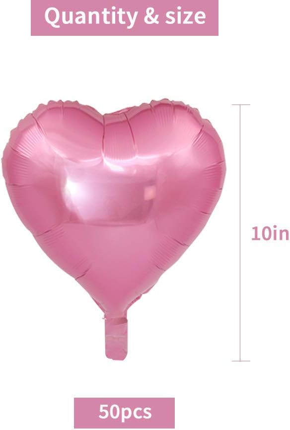 50 Pcs 10 inch Heart Shape Foil Mylar Balloons for Birthday Party Decorations, Wedding Decorations, Engagement Party, Valentine's Day, Celebration, Holiday, Show, Party Activities (Pink)