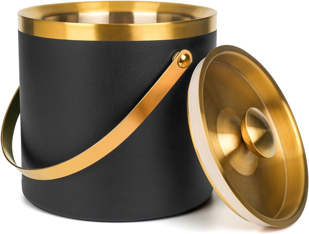 3L Double Wall Insulated Stainless Steel Ice Bucket with scoop for Cocktail Bar,Metal Ice Bucket for freezer with Lid for parties.ice Container to Keep Ice Colder,bar cart accessories(black)