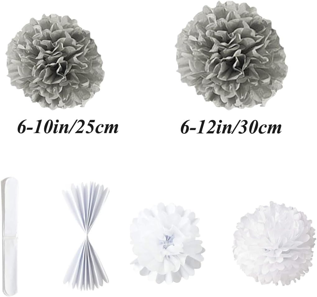 12pcs 10in 12in Grey Paper Pom Poms Tissue Paper Flower Hanging Paper Flower Balls Wedding Party Flower Decorations DIY Art Craft Blooms for Birthday Baby Shower Nursery Decor