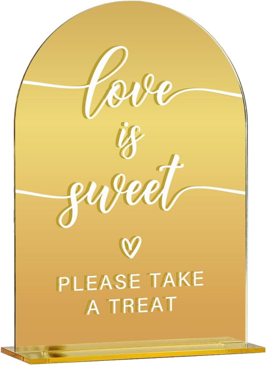Acrylic Wedding Sign, Bridal Shower Decorations, Love is Sweet Sign for Ceremony, Modern Font Table Signs, Gold Mirror Arched Acrylic Tabletop Signs for Wedding Reception and Event Party