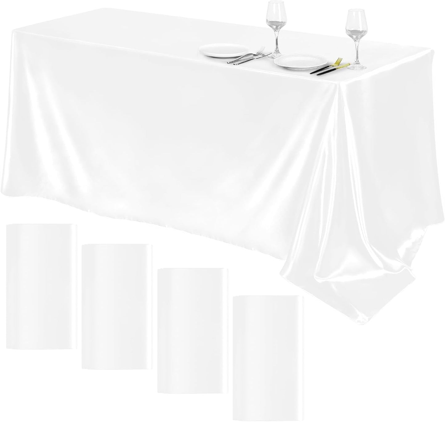 TURSTIN 4 Packs Satin Tablecloth 102 x 58 Inch Overlay Satin Table Cover Rectangle Bright Silk Tablecloth Smooth Fabric Table Decoration for Wedding Banquet Party Events, White