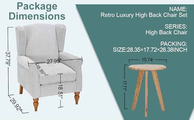 Vintage Style Wingback Chair and Coffee Table Set Solid Wood Frame Beige Fabric - Image 2