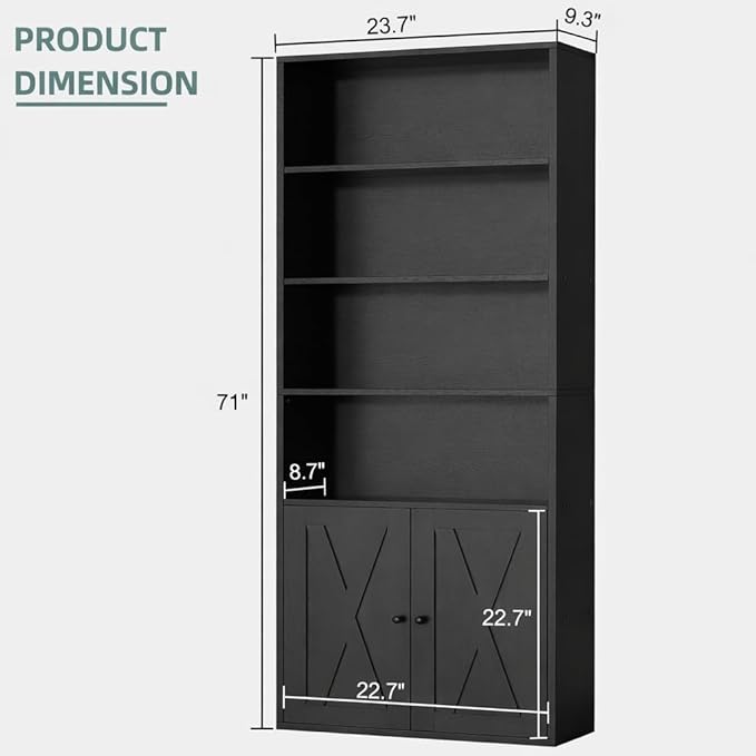 Modern Bookshelf with Doors, Industrial Bookshelves with 6-Tier Shelf, 71 - Image 2