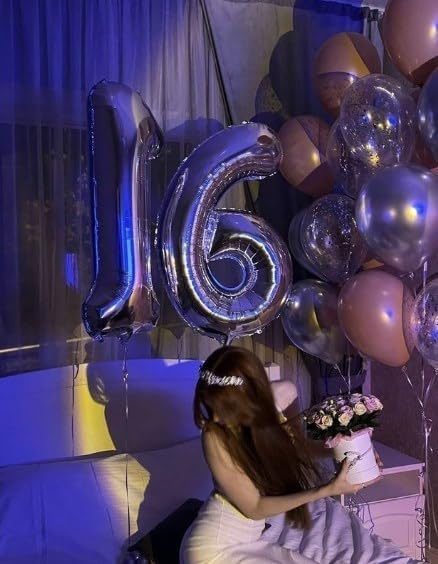 40 Inch Silver Mylar Foil Number 16 Birthday Balloon, Digital Balloons for 16 Boy Girl Party Decorations Supplies, Big Helium Balloon Numbers for 16 61 Men Women Anniversary