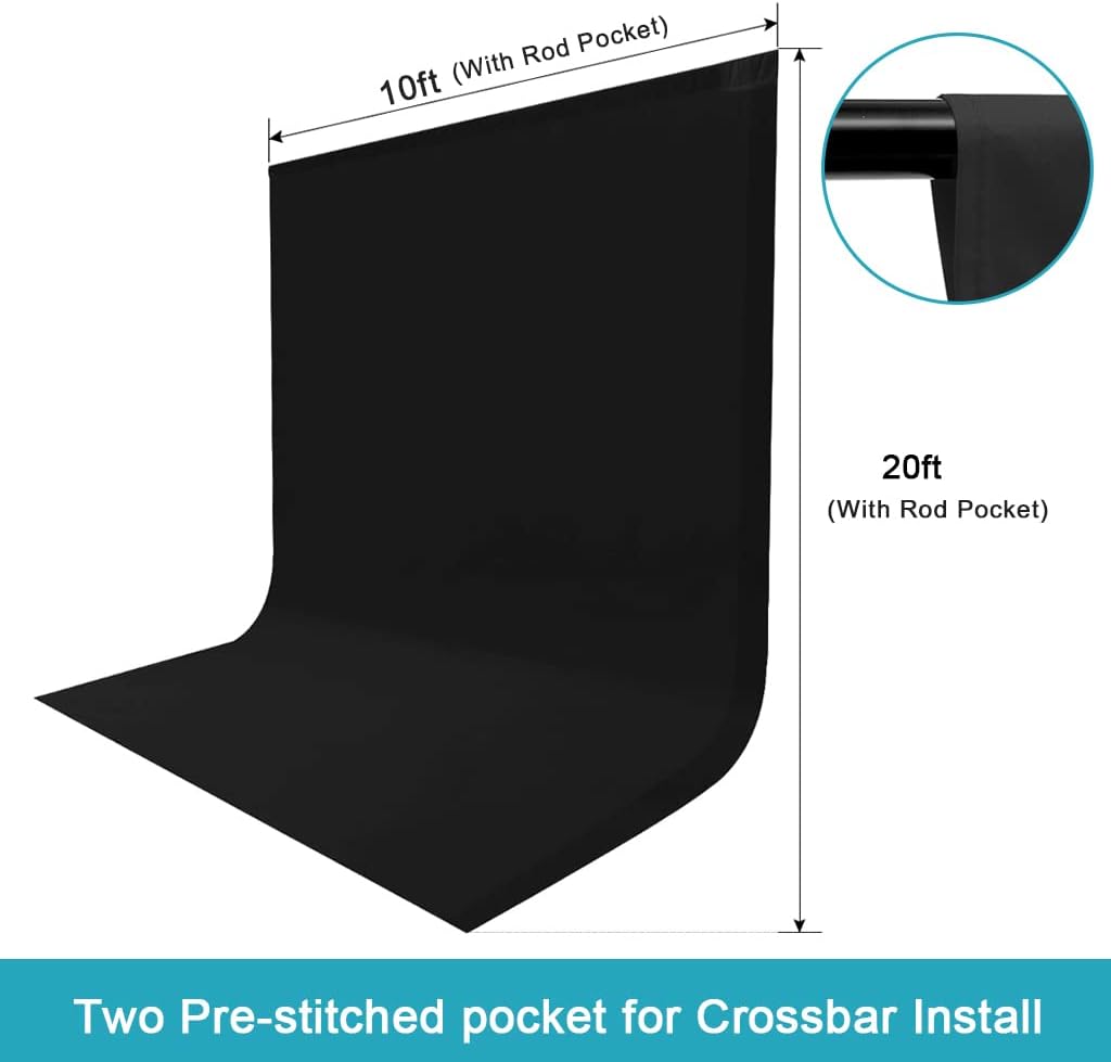 10X20ft Black Photo Backdrops for Photography, LCUIRC Two Rod Pocket Backdrops Curtain for Parties, Polyester Fabric Background with 4 Clamps for Product Protrait Photoshoot or Parties Decoration