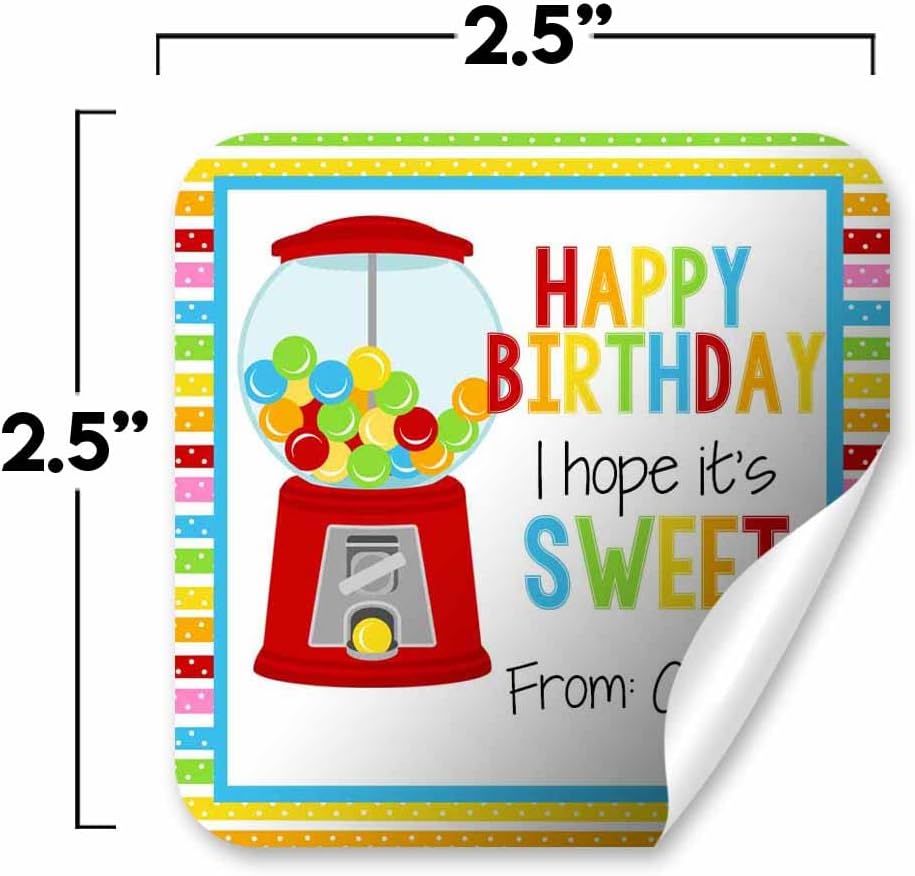 Custom & Personalized Sweet Gumball Happy Birthday Gift Tag Sticker Labels, 24 2.5" Square Stickers by Amanda Creation