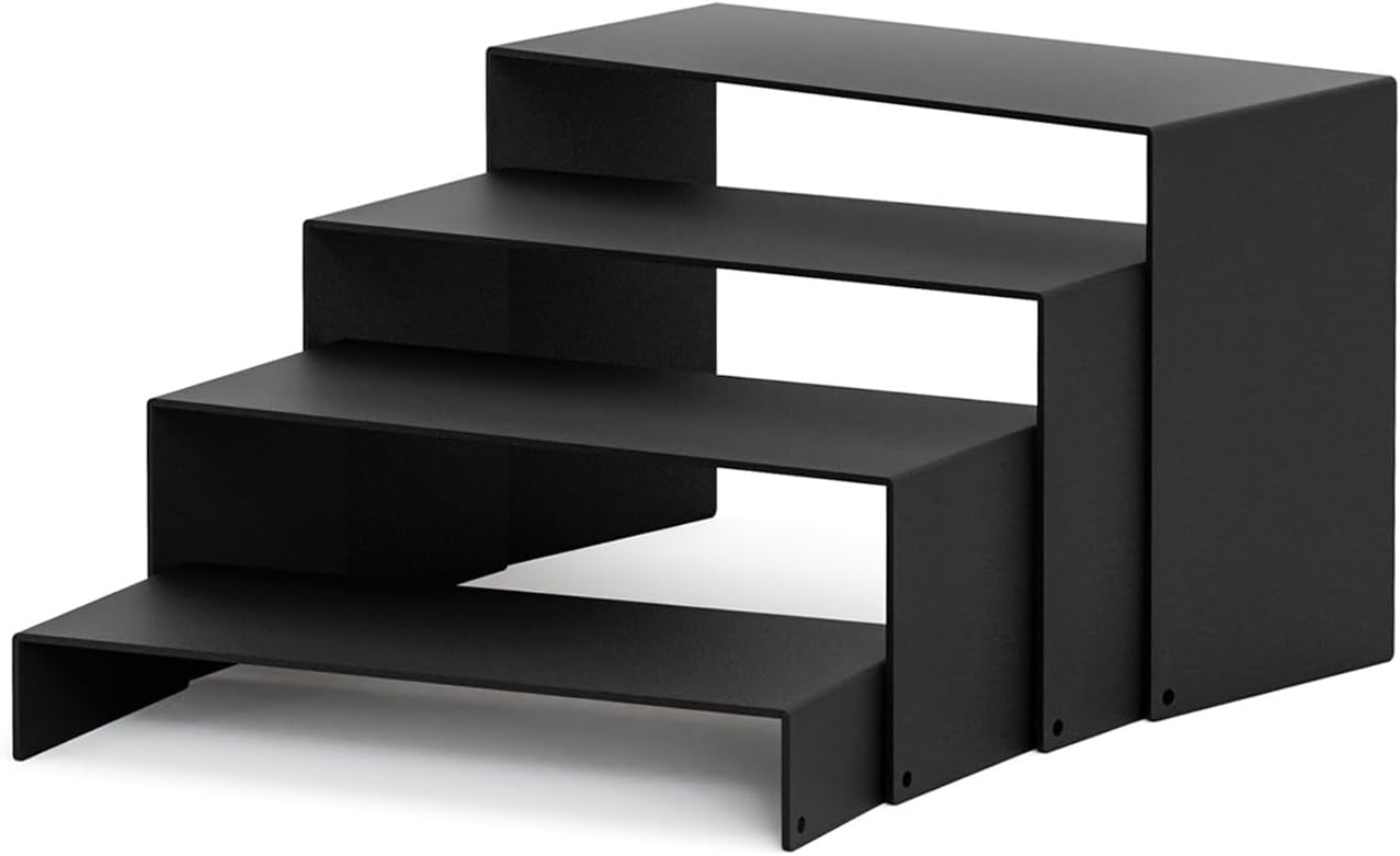 Black Matte Metal Display Stand,8 Pcs 2 Set Display Risers, Metal Rectangular Display Shelf for Showcase, Dessert, Toys, Perfume (8Pcs-Black, L7“x8”x9)