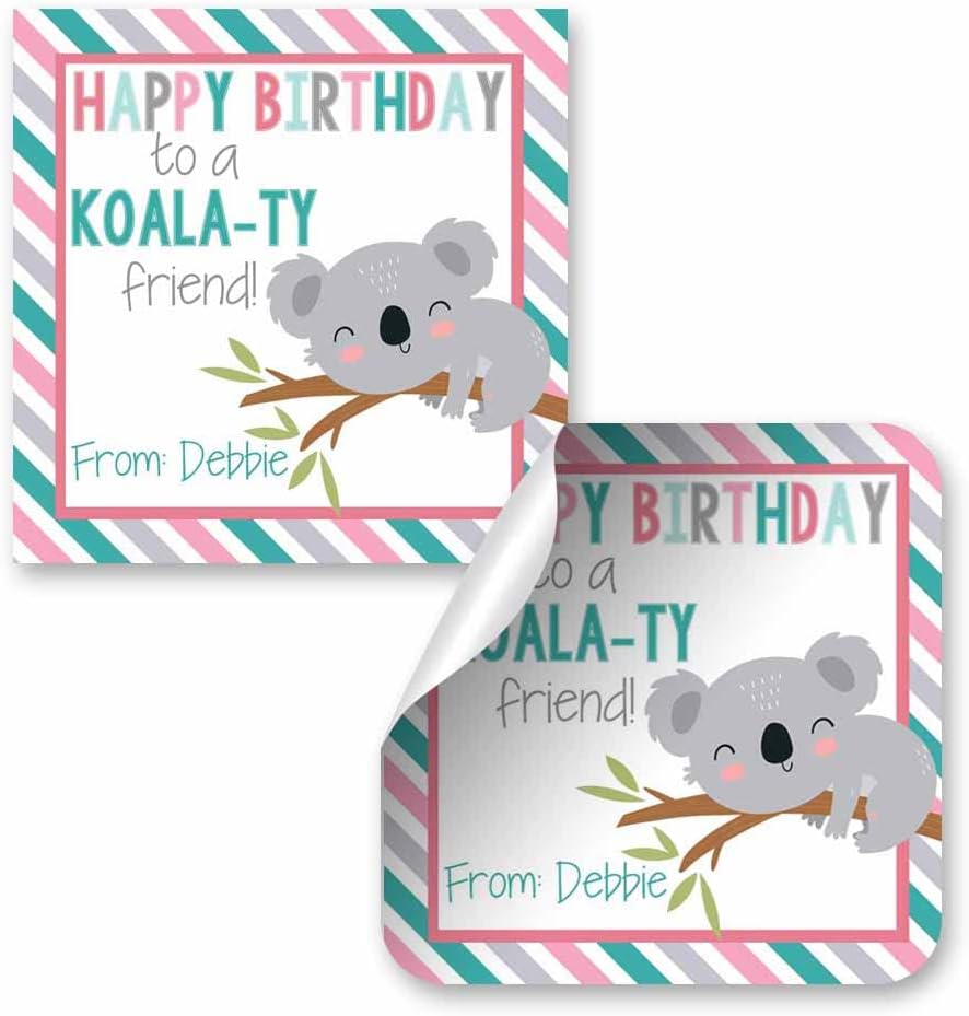 Custom & Personalized Cute Koala Happy Birthday Gift Tag Sticker Labels, 24 2.5" Square Stickers by Amanda Creation
