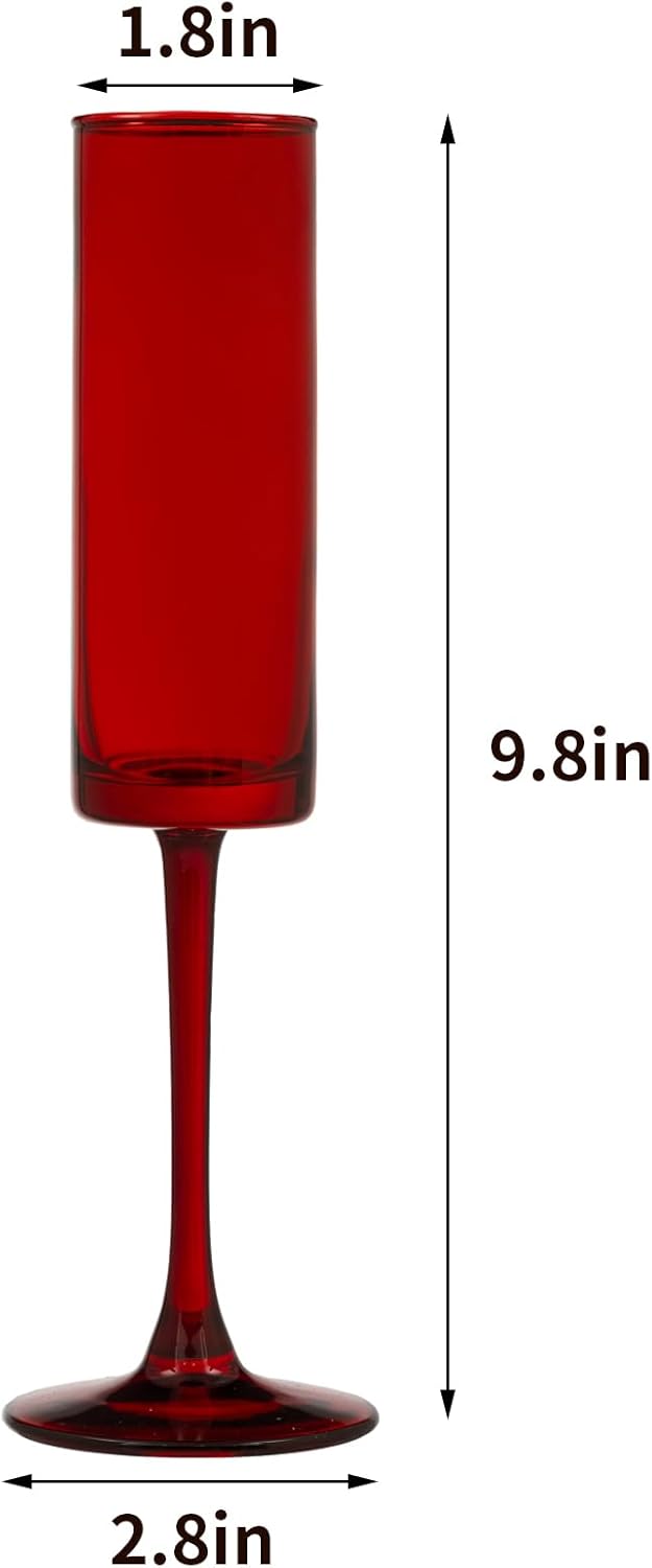 6 Pieces Red Champagne Flutes 6 OZ Straight Sided Wine Glasses Champagne Long Stem Drinking Colored Glasses,Set of 6 Hand Blown Champagne Flutes Goblets for Wedding Cocktail Cups,Cava, Prosecco