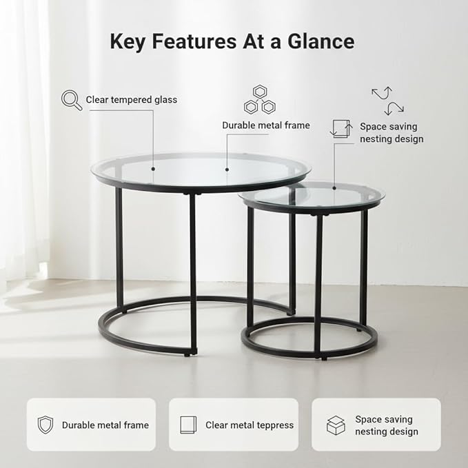 Round Nesting Coffee Table Set of 2, Modern Glass Nesting Tables, Stacking - Image 3