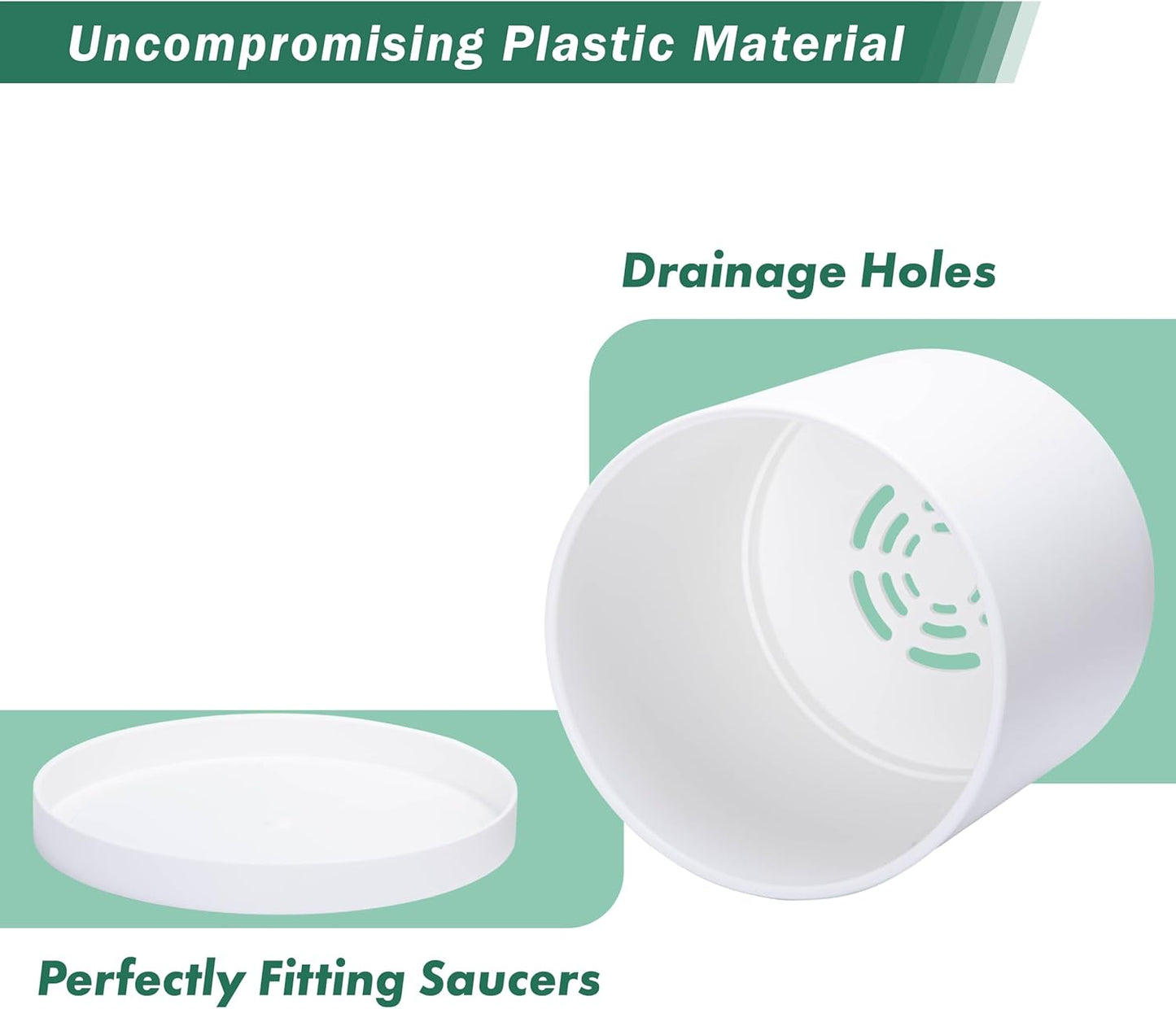 D'vine Dev 2 Pack 12 Inch Modern Plastic Plant Pots, Cylindrical Garden Planters for Plants with Drainage Holes and Saucers, White, 74-Z-P-1