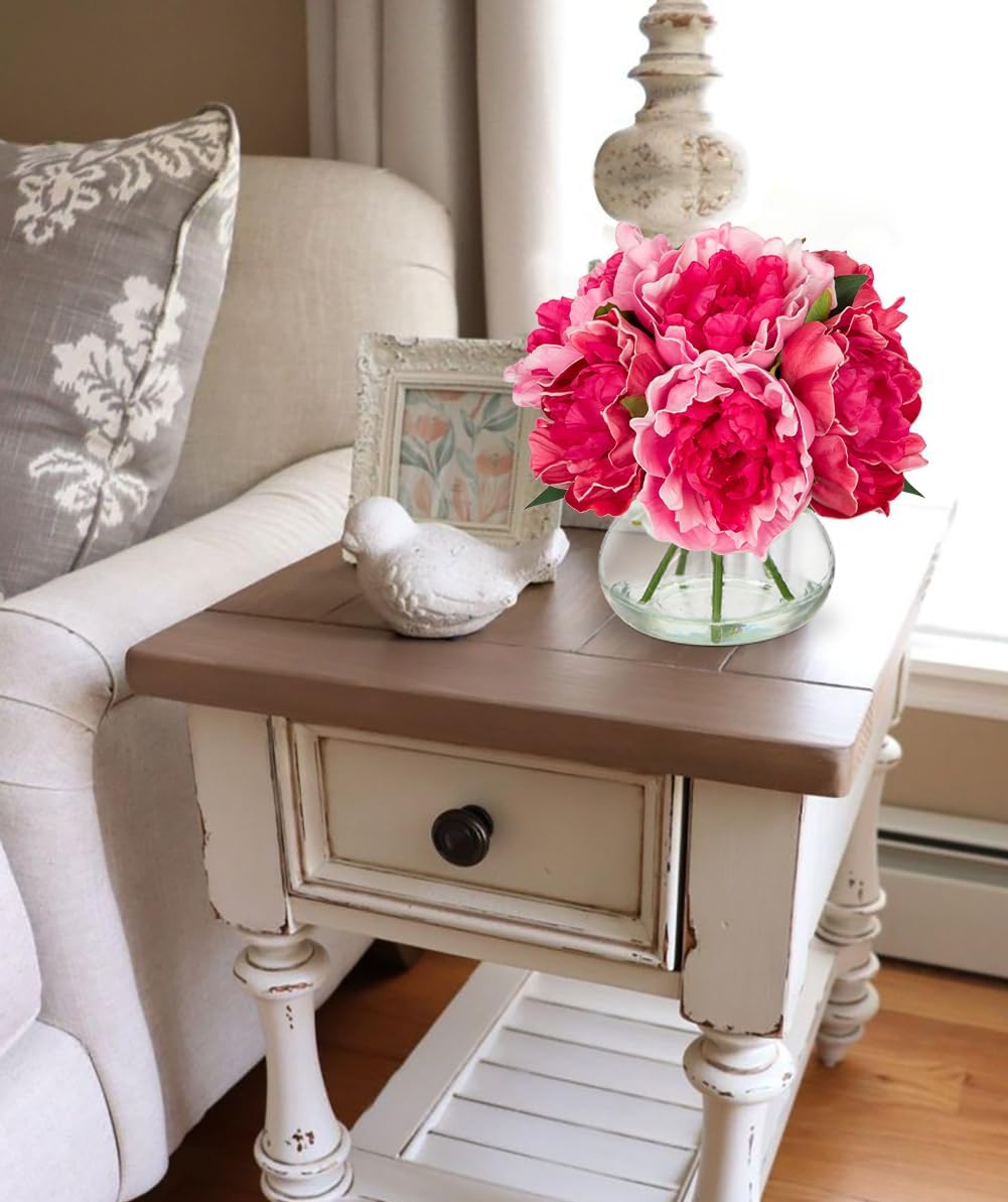 Hollyone Peonies Artificial Flowers with Vase Hot Pink Faux Flowers Peony Fake Flowers Silk Flower Arrangements in Glass Vase with Faux Water for Home Decor Bathroom Table Centerpiece Decorations