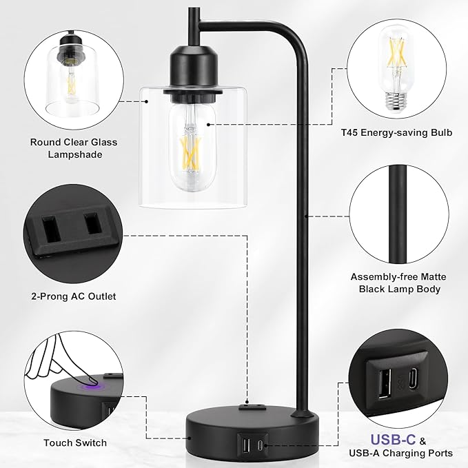 Industrial Touch Table Lamps for Bedrooms Set of 2 - Image 7