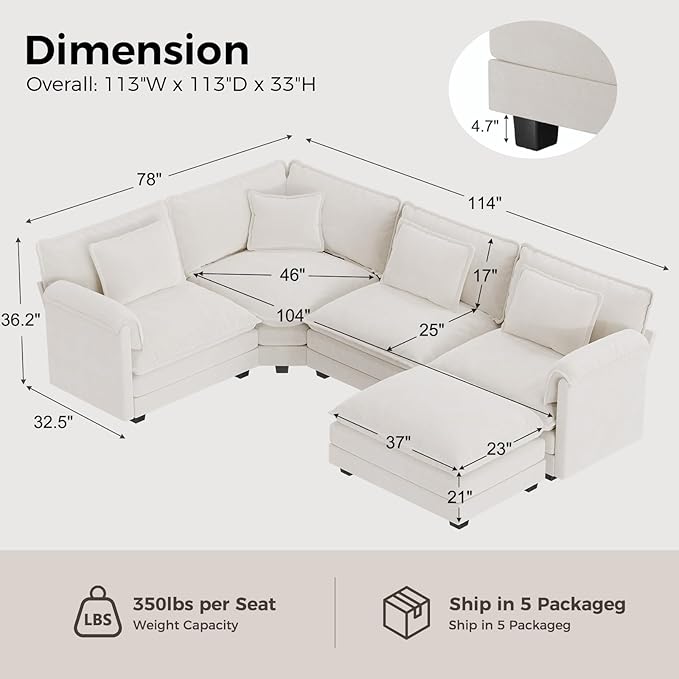 ELUCHANG 114" Oversized V-Shaped Cloud Couch Modular Sectional Sofa - Image 2