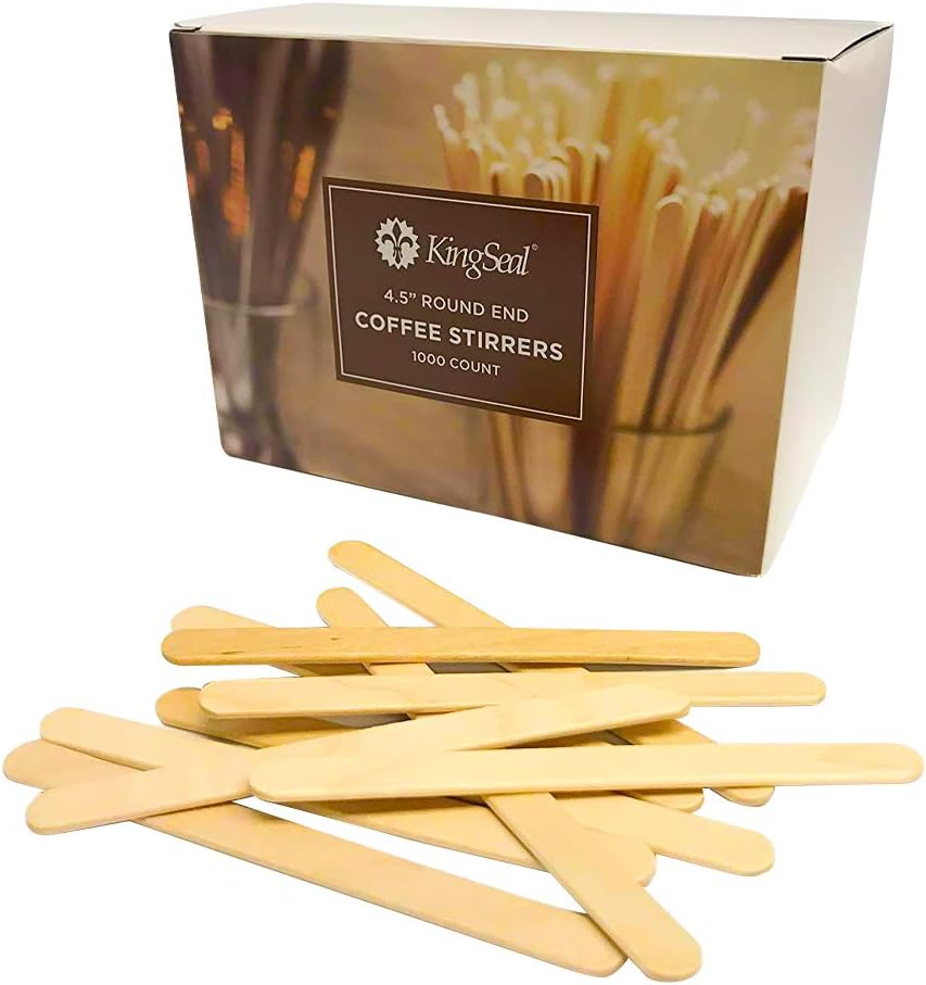 10,000 Count | KingSeal Natural Birch Wood Coffee Beverage Stirrers, Stir Sticks, Waxing Sticks, Popsicle Sticks, 4.5 Inches, Round End - 10 Boxes x 1000 Stirrers