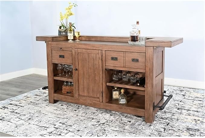 Pemberly Row Set of 3 Natural Brown Wood Bar Unit and 2 Backless Swivel Barstool - Image 6