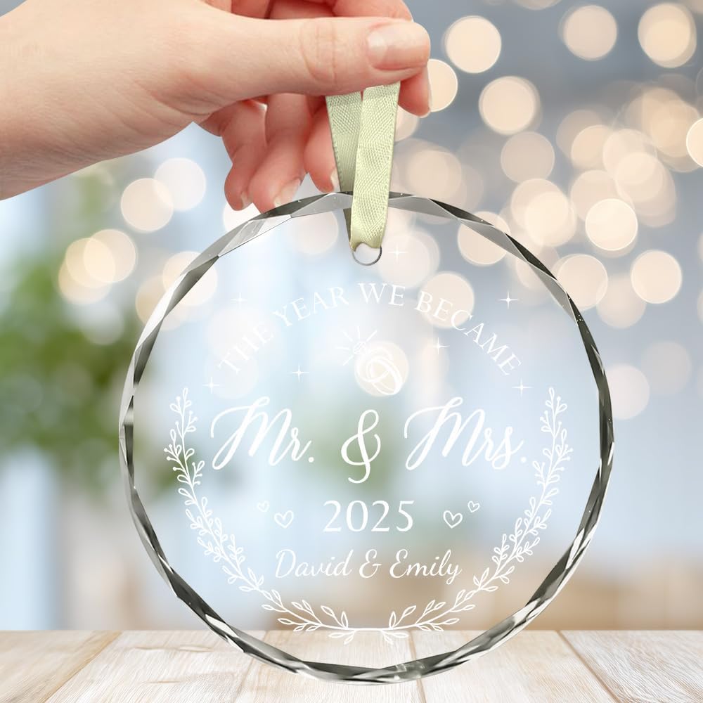Personalized Wedding Christmas Ornaments - Mr And Mrs Gifts - Wedding Gift Ideas For Couples 2025, Bride, Future Mr And Mrs - Bridal Shower Gift Ideas - 1St Married Christmas Glass Ornament