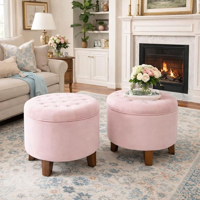 Homepop Home Decor | Upholstered Round Velvet Tufted Foot Rest Ottoman | Ottoman - Image 2