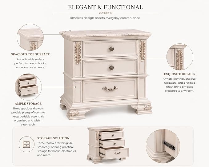 First of a Kind Traditional Wood Bedside Table Santa Monica Collection White - Image 3