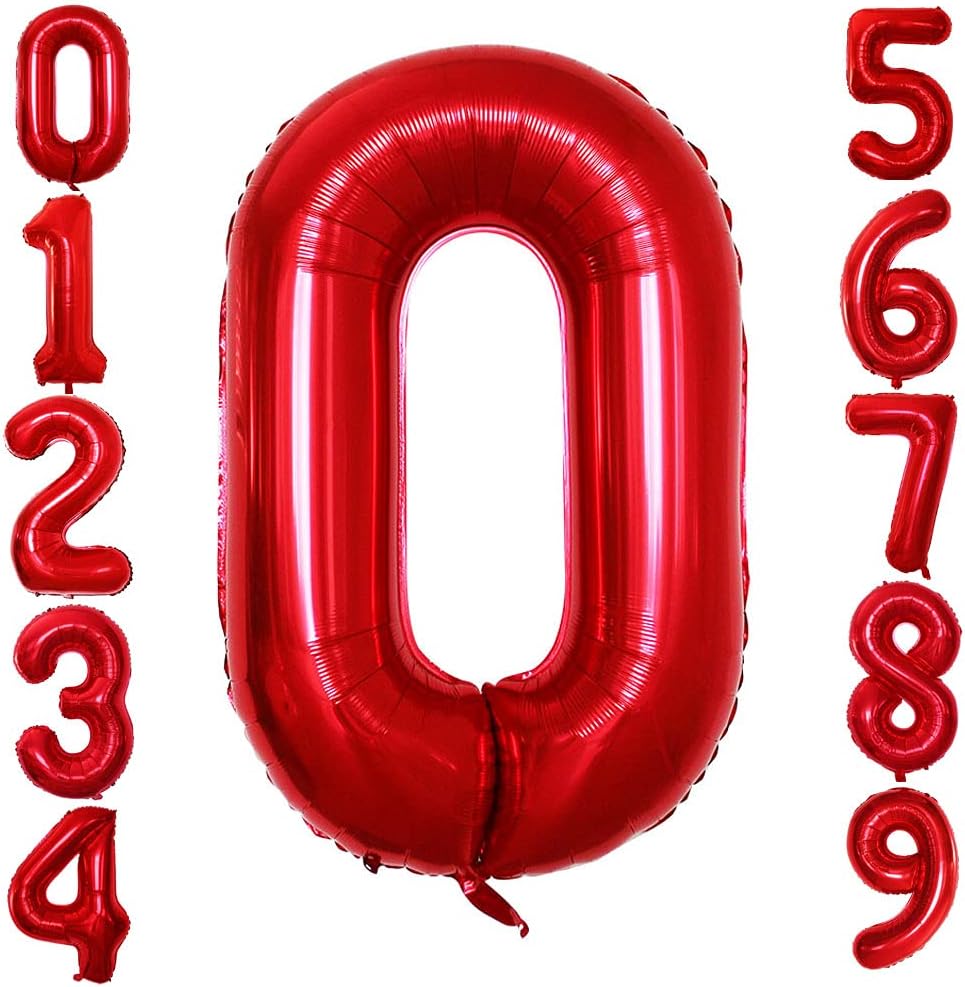 GOER Red Foil Balloons Number 0 for 10th 20th 30th 40th 50th 60th 70th 80th 90th 100th Birthday Party Supplies Anniversary Decorations (3 pcs,42 inch,32 inch,16inch)