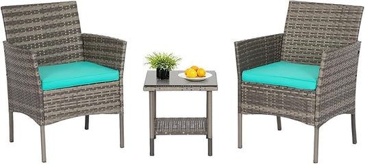 FDW | 3-Piece Patio Furniture Set | Gray & Blue | Outdoor Wicker Furniture by FDW