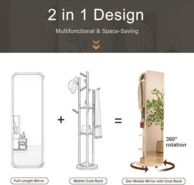 Muwuele Solid Wood Full Length Mirror Coat Rack, Floor Mirror - Image 3