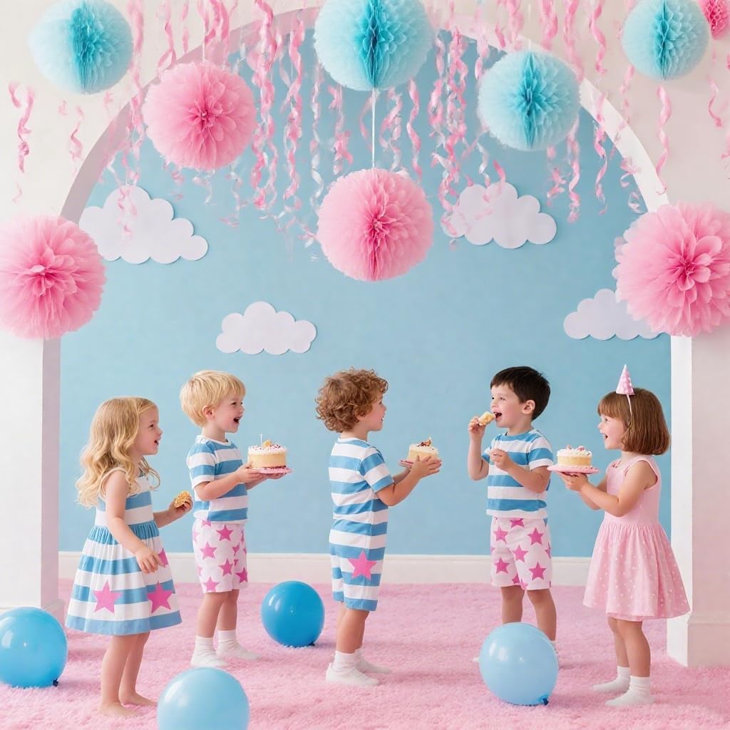 Pink and Blue Paper Pom Poms,Party Tissue Paper Flowers Balls for Baby Shower,Boy or Girl Gender Reveal,Size of 10inch, 12inch, Pack of 12