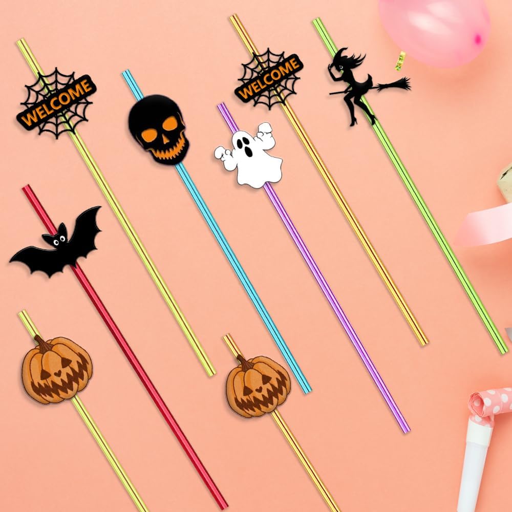 24 Pcs Halloween Party Favors - Reusable Plastic Crazy Straws with Bats, Pumpkin, Witch, Ghost Designs & 2 Cleaning Brushes - 6 Colors