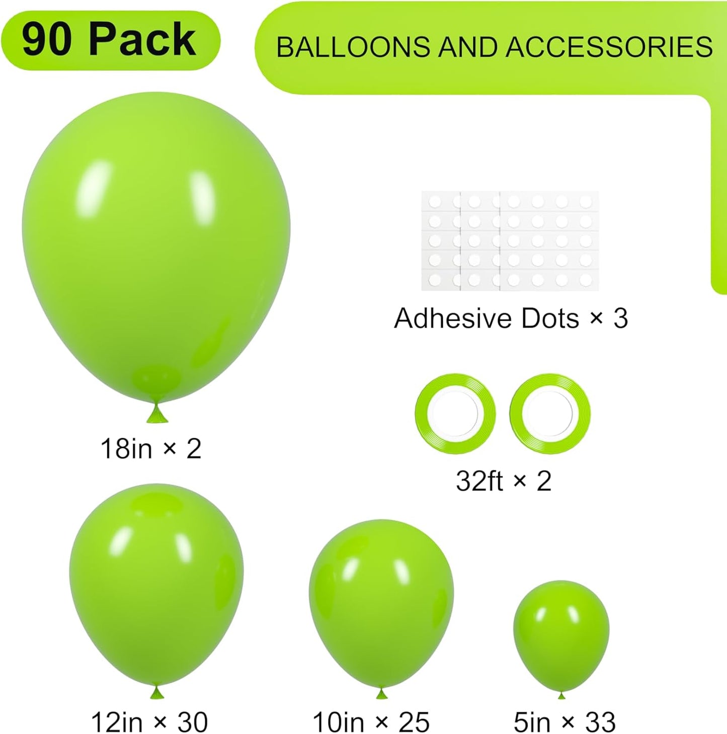 90pack Lime Green Balloons Different Size 18/12/10/5 Inch Lime Green Balloon Garland Arch Kit for Graduation, Wedding, Birthday, Christmas, Baby Shower, Anniversary Party Decorations