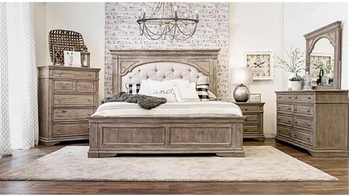 Pemberly Row King Panel Bed, Driftwood Gray Wood Frame, Upholstered Button - Image 2