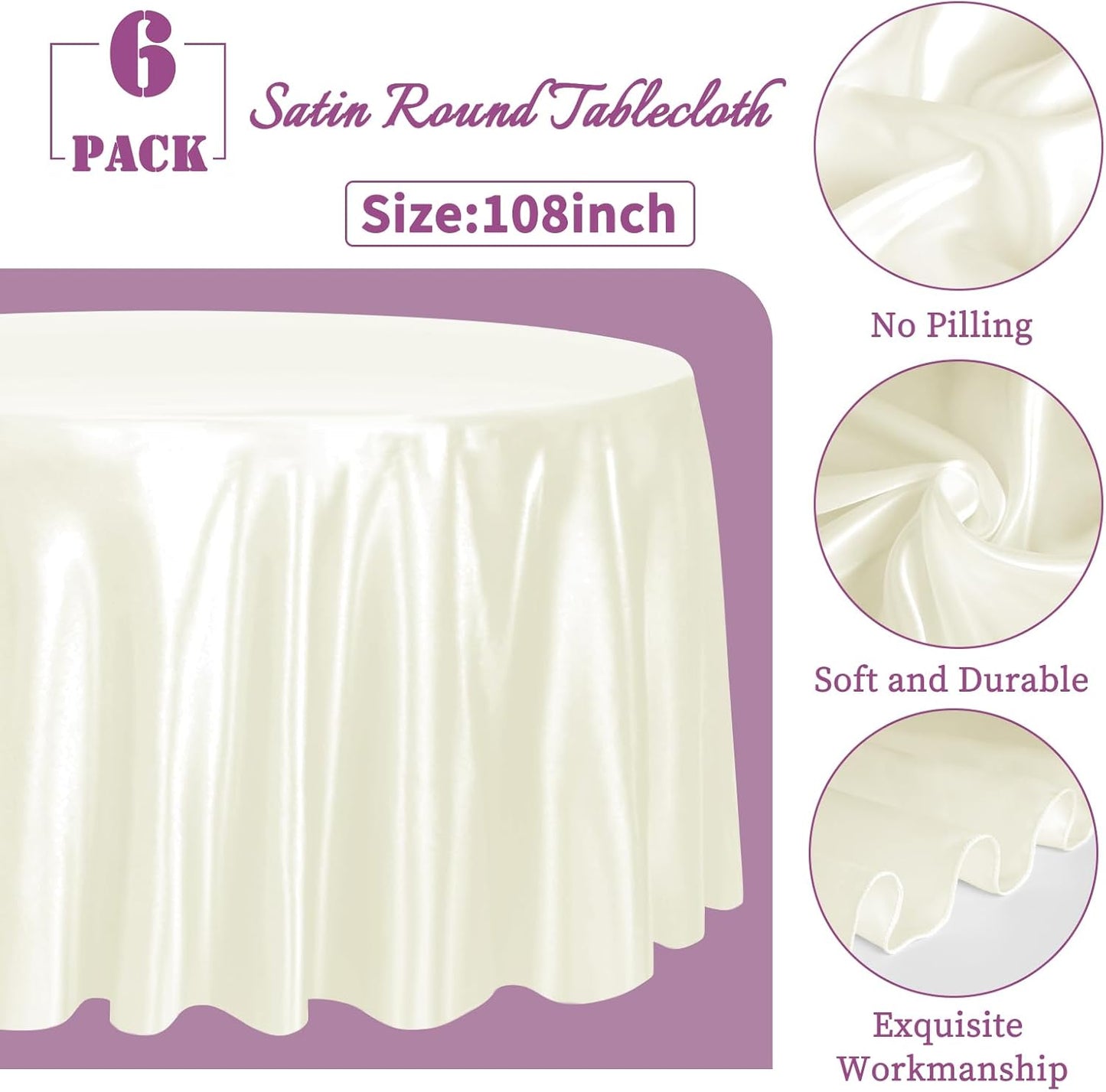 fani 6 Pack 108 Inch Ivory Round Tablecloth - Premium Silky Satin Tablecloth Overlay Smooth Fabric Table Cover Linens, Table Decoration for Wedding Party Banquet Events Restaurant Kitchen Dining