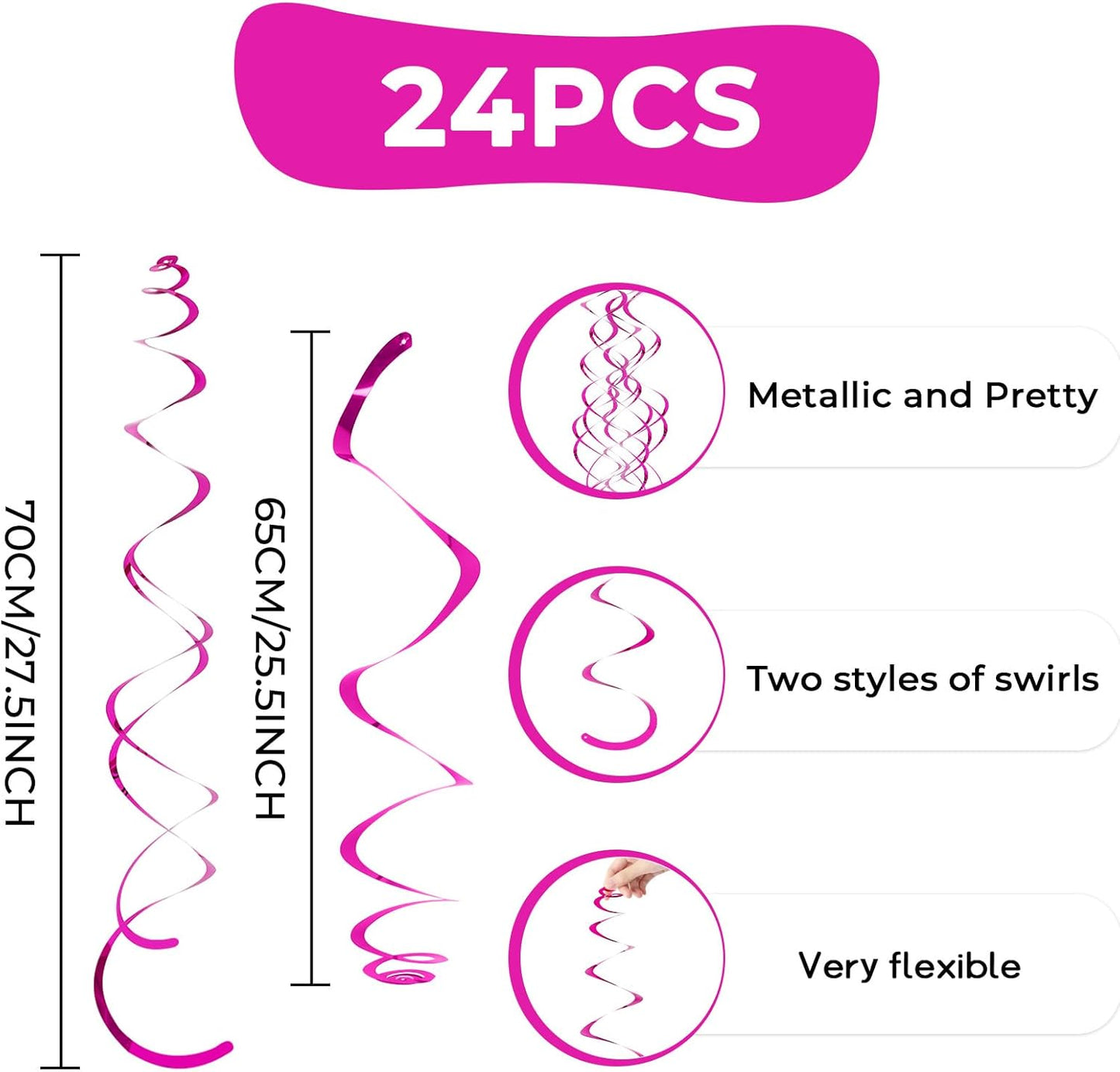 24 PCS Hot Pink Hanging Swirl, Fuschia Sparkle Ceiling Hanging Decorations, Plastic Streamer Party Decorations with Double-Swirls and Single-Swirls for Birthday Decorations, Summer, Hawaiian