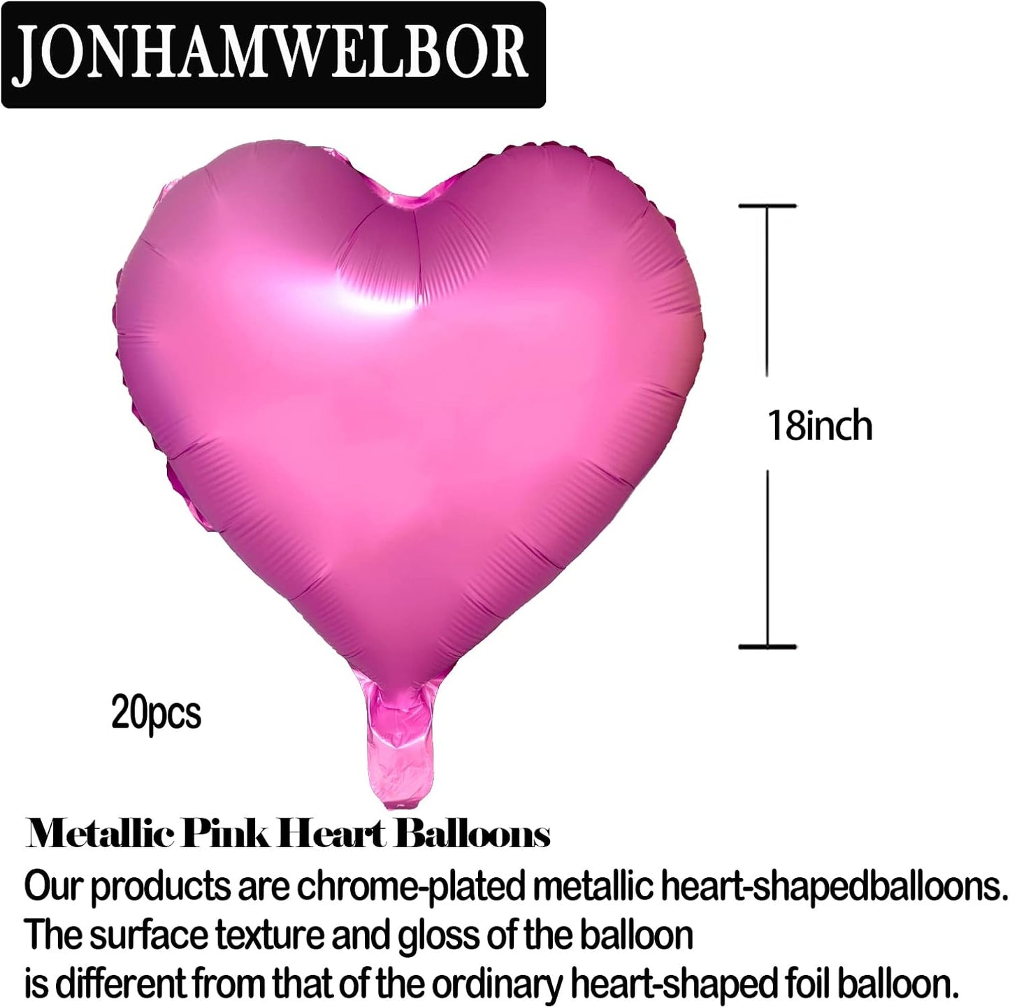 Jonhamwelbor 20Pcs 18 inch Metallic Pink Foil Mylar Heart Shape Balloons Decorations Valentines Birthday Wedding Baby Shower Party (Metallic Pink)