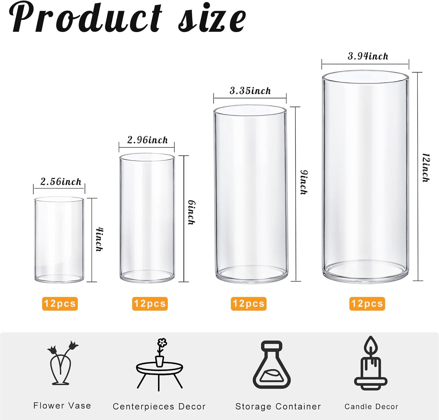 48 Pack Thick Glass Cylinder Vases 4,6,9,12 Inch Tall Clear Flower Vase Hurricane Floating Candle Holder for Table Centerpiece Wedding Home Decor